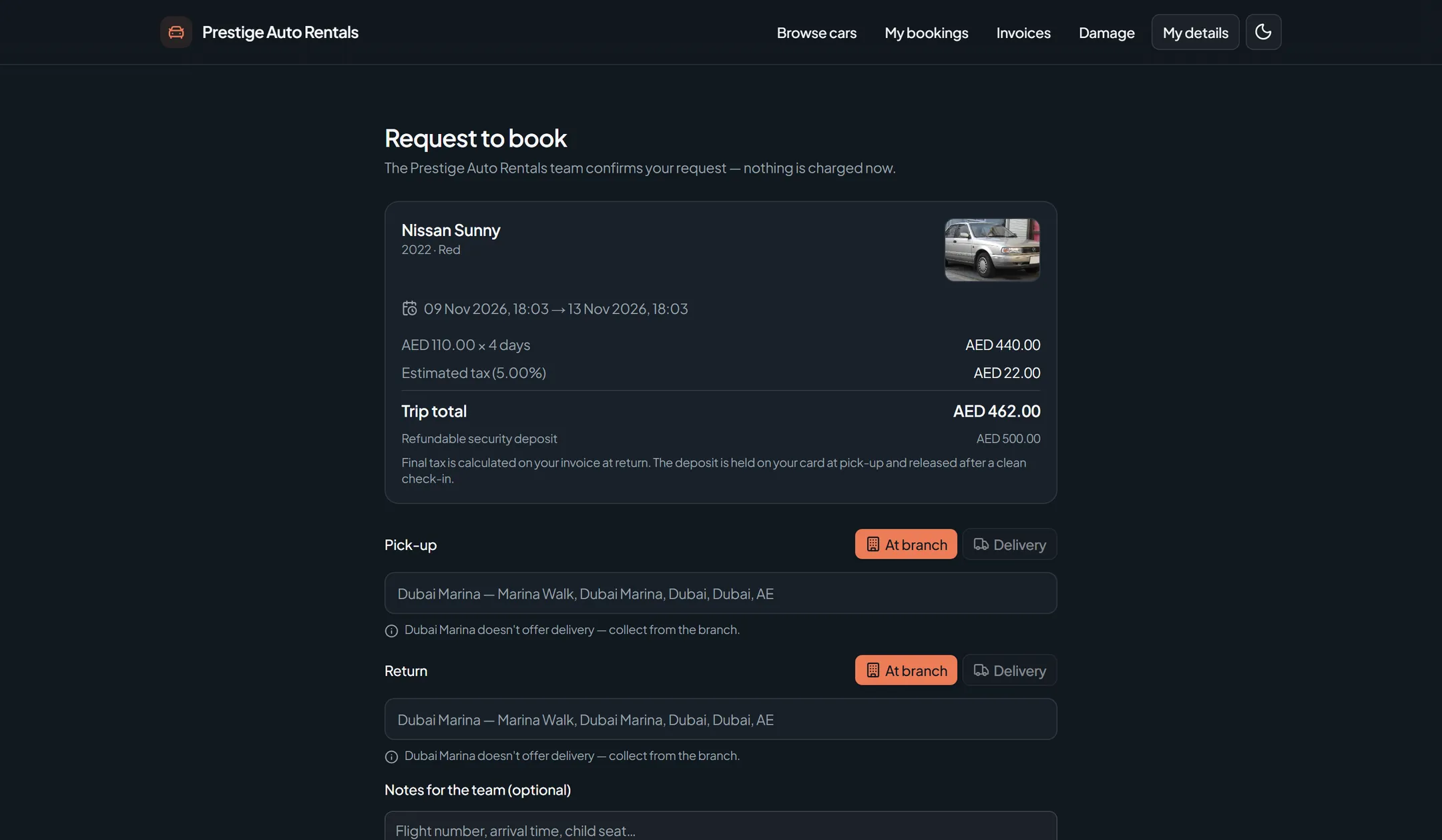 Booking a car on the customer-facing site, with the full price breakdown and the reason for each line.